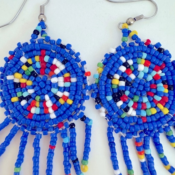 Boho Handmade Blue Beaded Chandelier Earrings Vintage - Picture 4 of 6